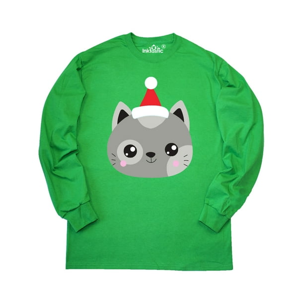 Cat Santa Hat Christmas Ornament Green Long Sleeve New  T-Shirt Kitty L XL
